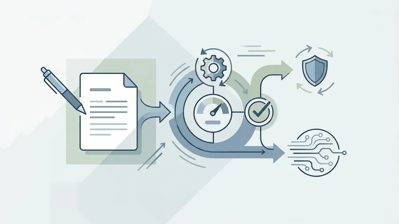 Document being signed and fed into a gear system that directs data toward a shield icon and circuit node
