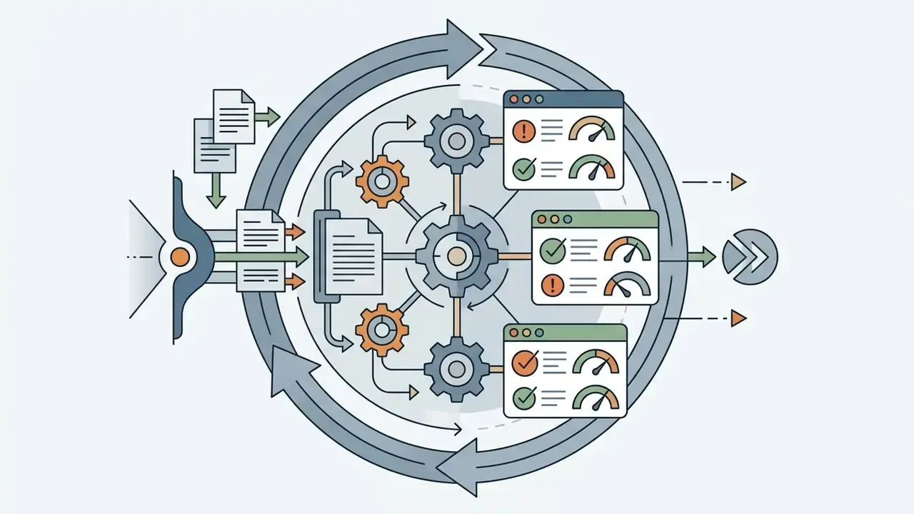 Circular process flow showing documents feeding into a gear system that generates status reports