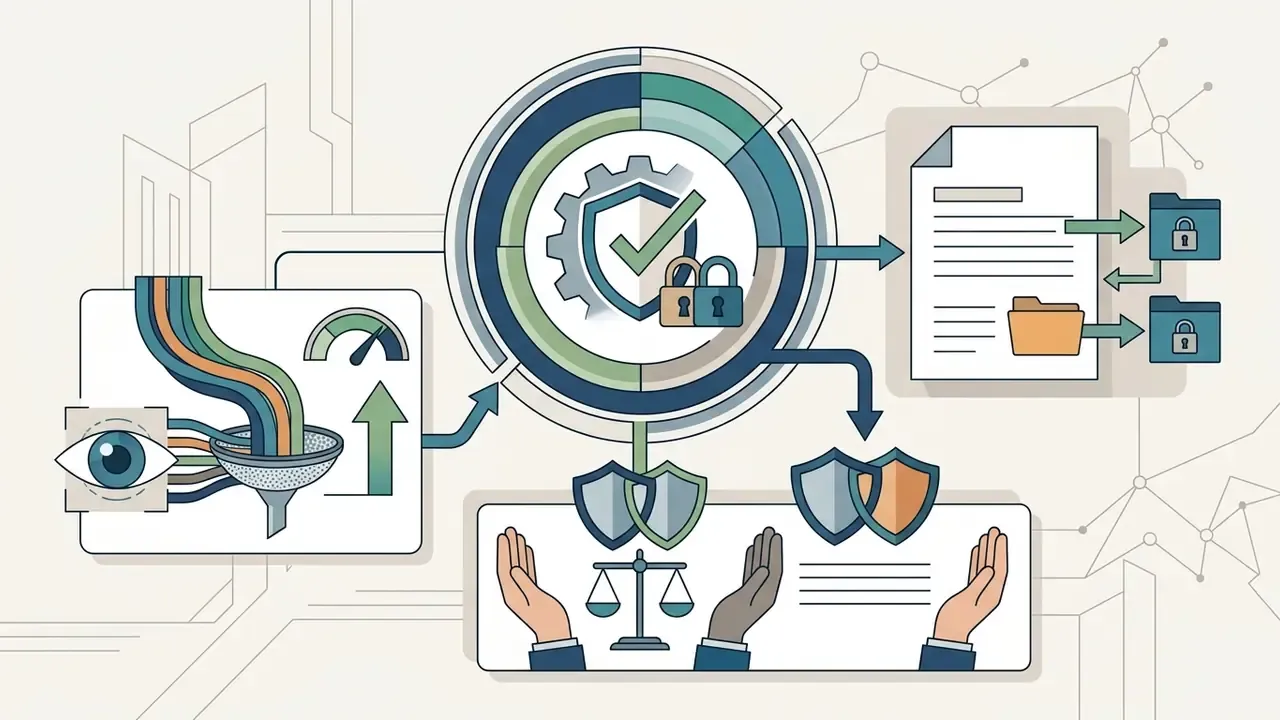 Data processing flow connecting an eye icon and funnel to a central hub, legal scales, and file storage
