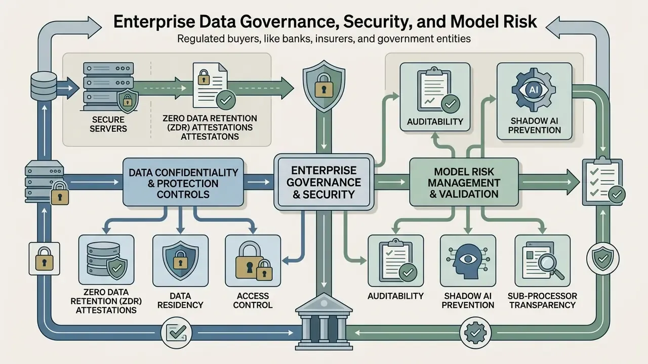 Diagram mapping data governance, security controls, and risk management processes for regulated industries