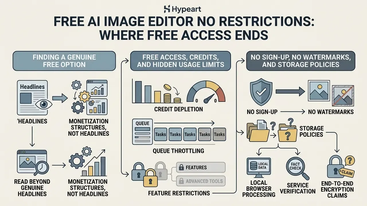 Infographic showing how to evaluate a free AI image editor no restrictions by analyzing hidden costs
