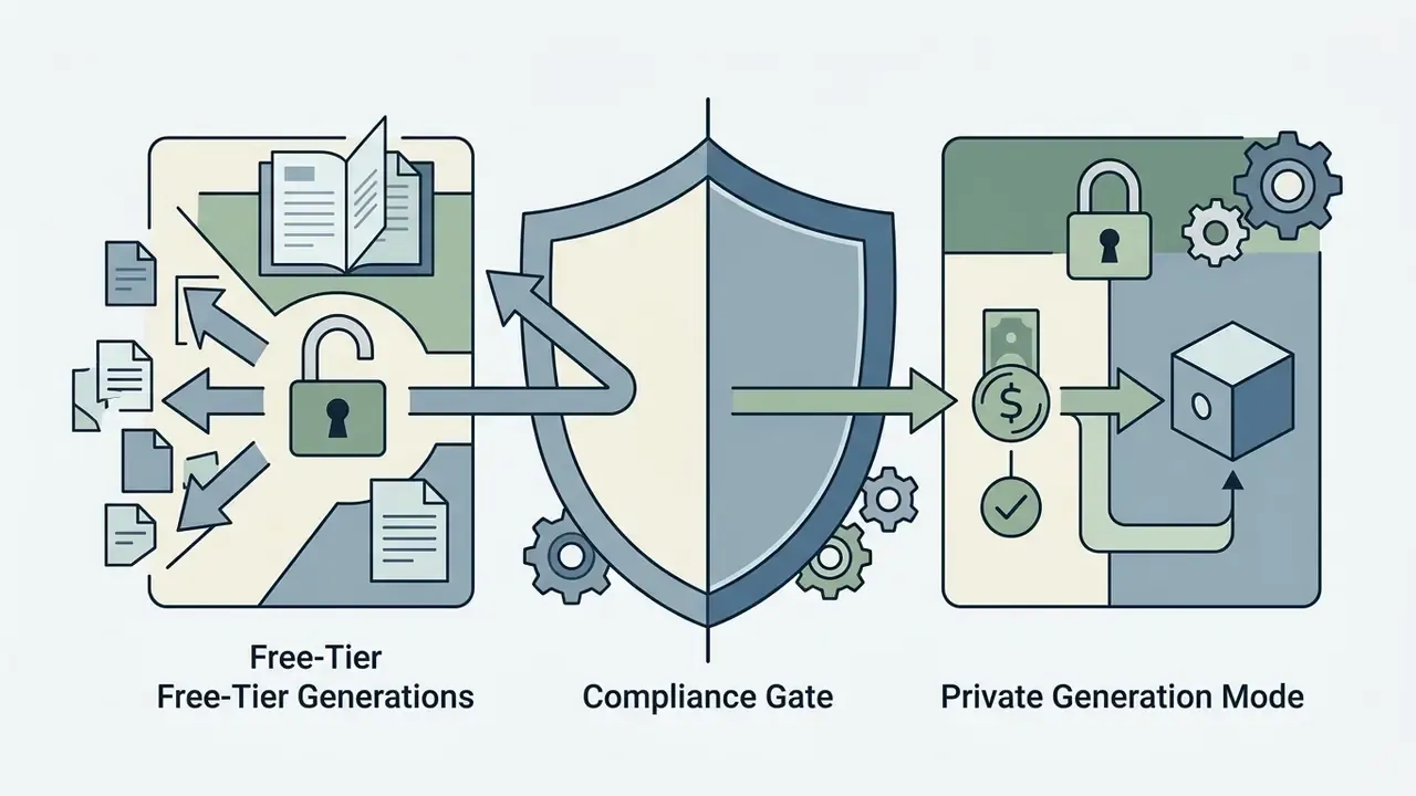 Comparison of public free-tier generations and private paid modes separated by a central compliance shield
