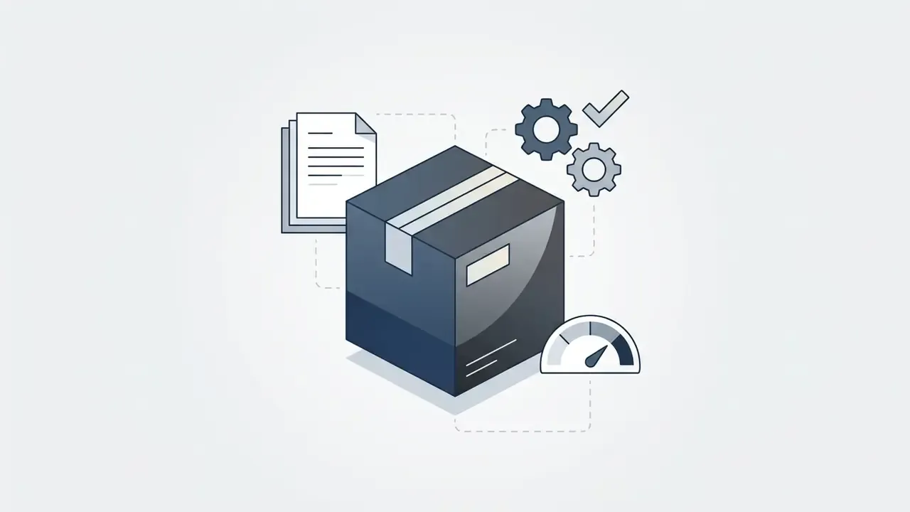 Isometric box linked to document, gear, and gauge icons representing product packaging configuration