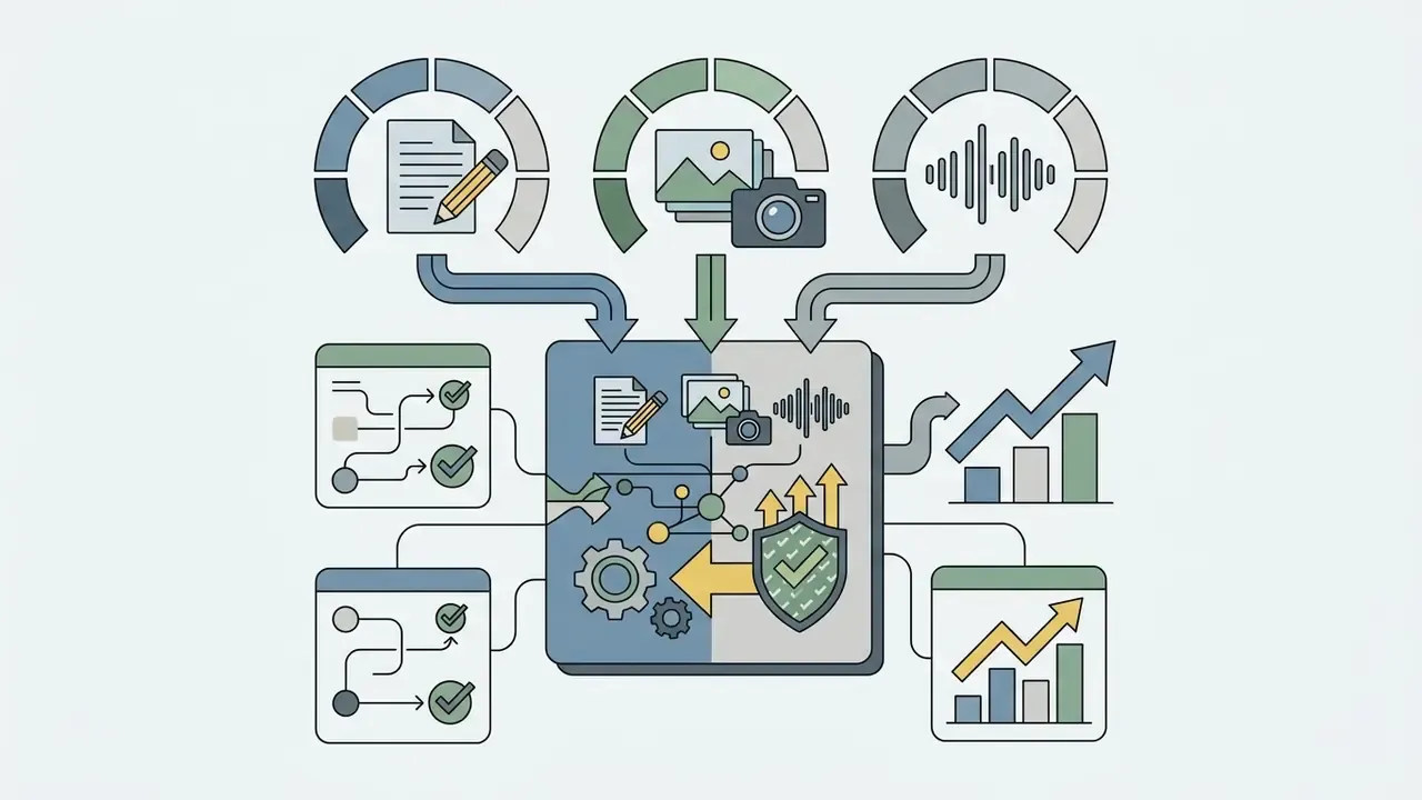 Document, image, and audio inputs feeding into a secure processing engine that outputs performance charts