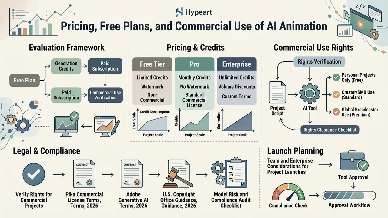 Diagram detailing subscription tiers, commercial usage rights, legal compliance, and project workflows