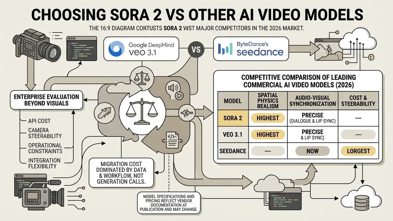 Comparison table and flow diagram evaluating technical features of commercial AI video generation platforms