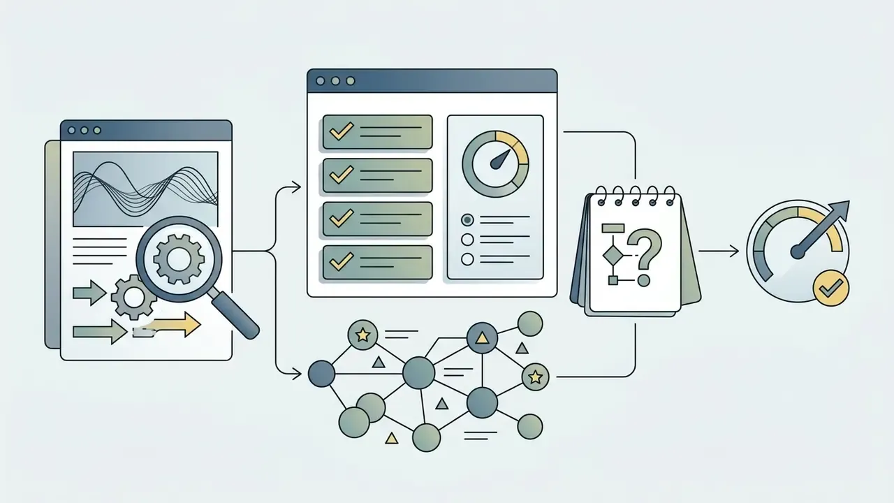 Data analysis flow leading to a quiz notebook and a performance gauge with a checkmark