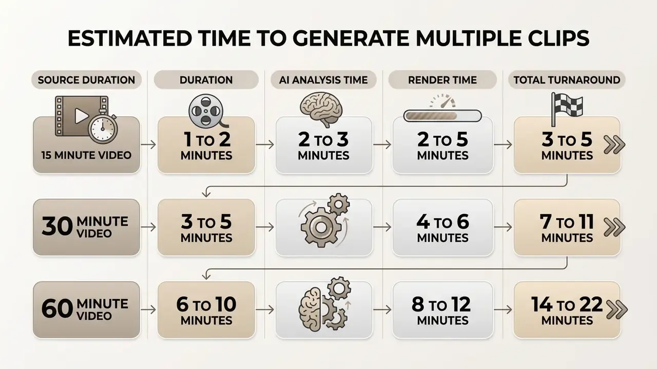 Data grid showing estimated time for AI analysis and rendering based on source video duration