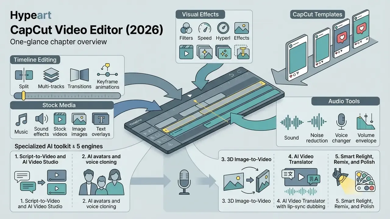 Infographic detailing CapCut video editor features including timeline tools, AI engines, and media assets