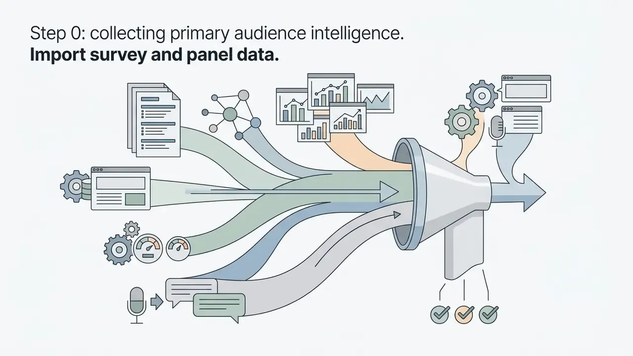 Various data sources like documents, charts, and feedback flowing into a funnel for consolidated output