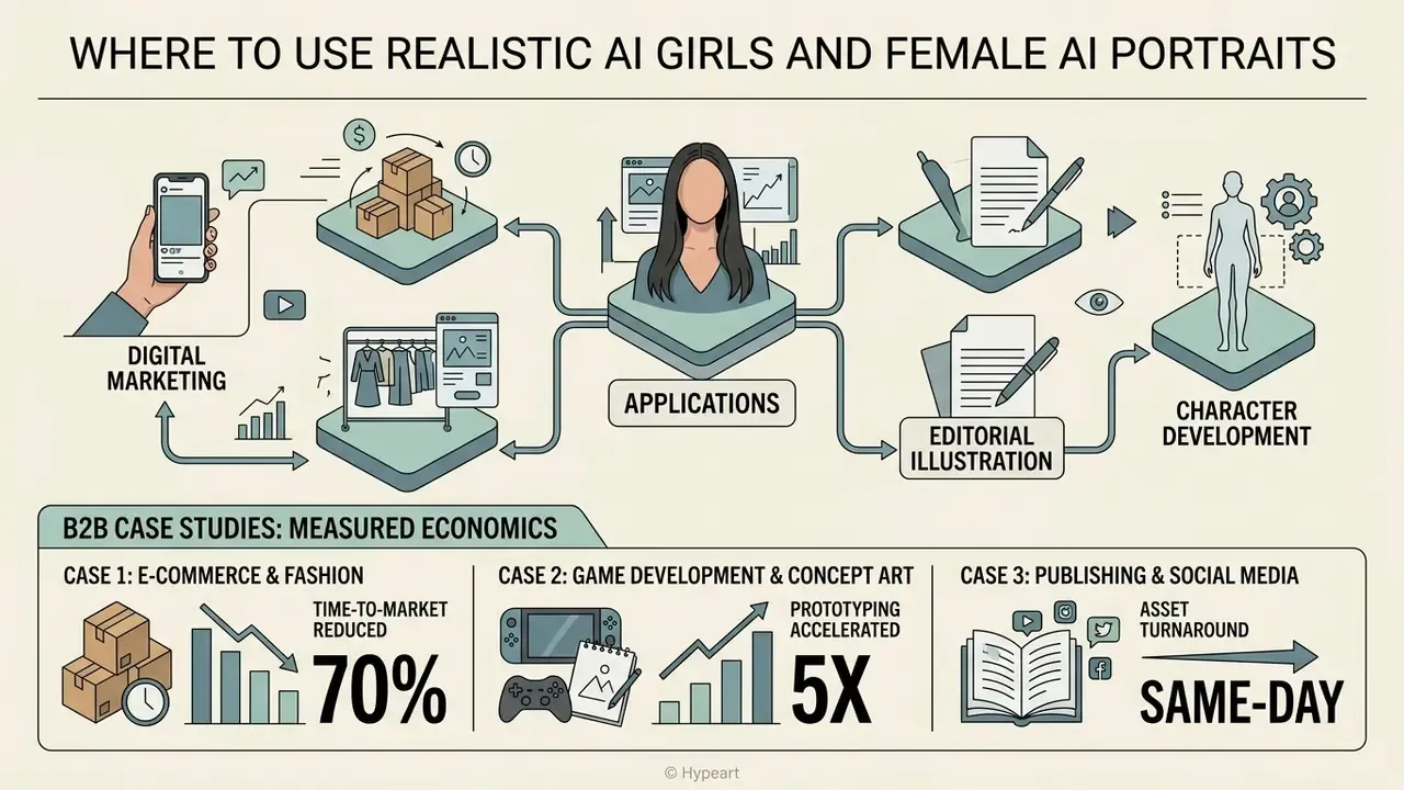 Infographic showing business applications and economic benefits of using a hyper realistic AI girl