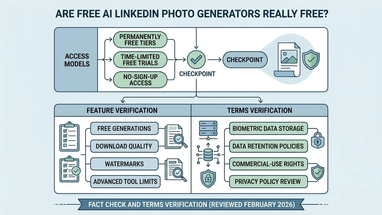 Flowchart comparing access models, feature verification, and terms for AI LinkedIn photo generators