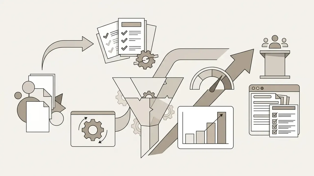 Hiring documents flowing through a funnel into evaluation metrics and a candidate interview presentation