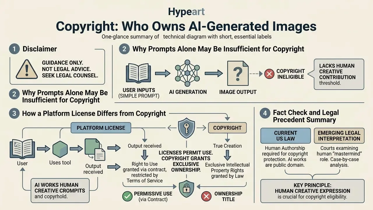 Summary of legal concepts comparing platform licenses to copyright ownership for AI-generated visual content