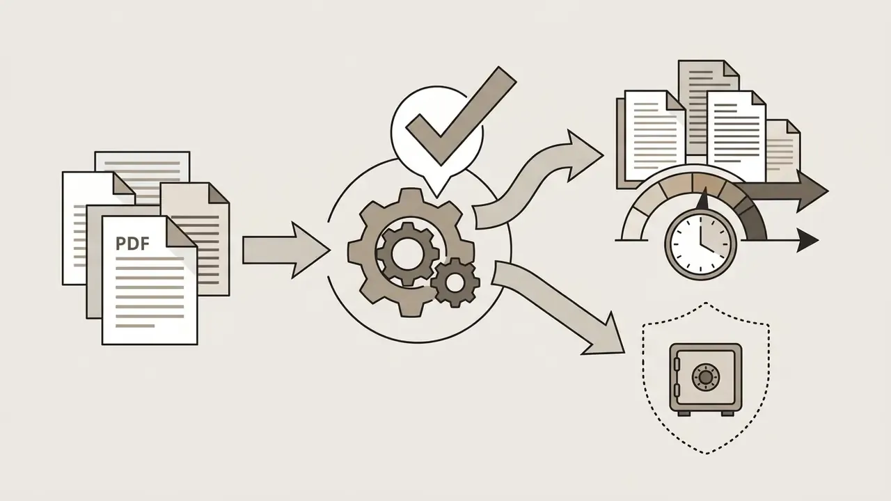 PDF files moving through gears to a clock for timing and a safe for data storage