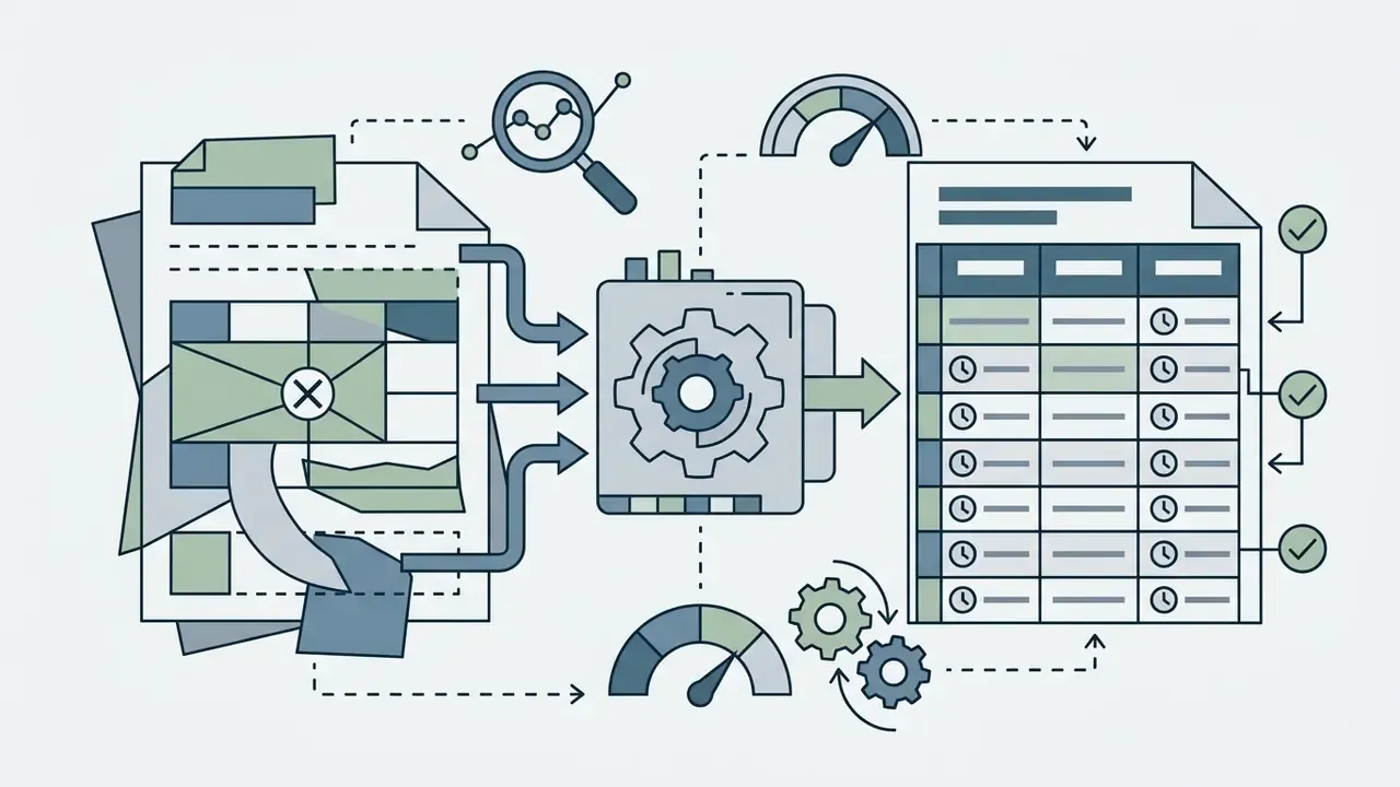 Unorganized document inputs flowing through a gear processor into a clean table with verified entries
