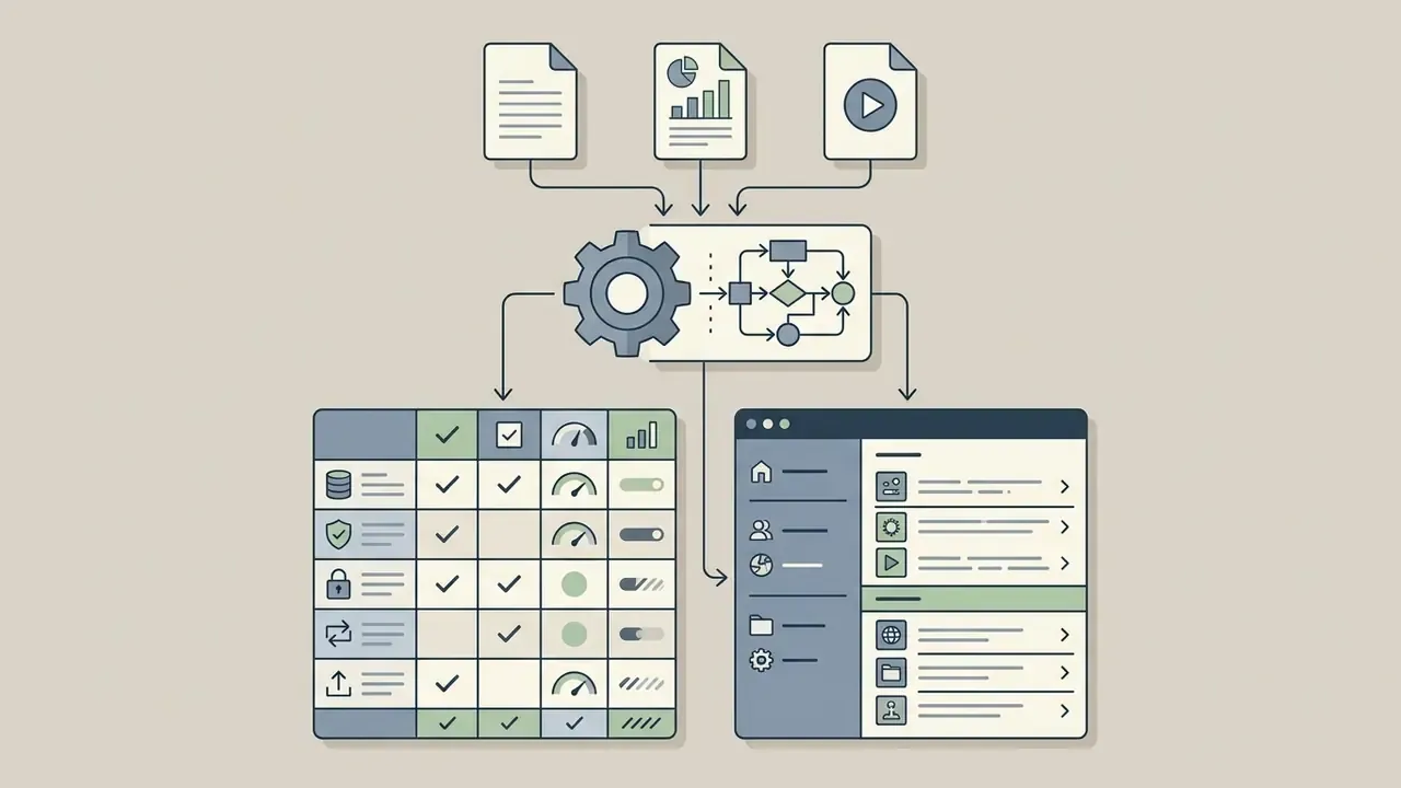 Input files feeding into a processing hub that populates a comparison matrix and a navigation menu