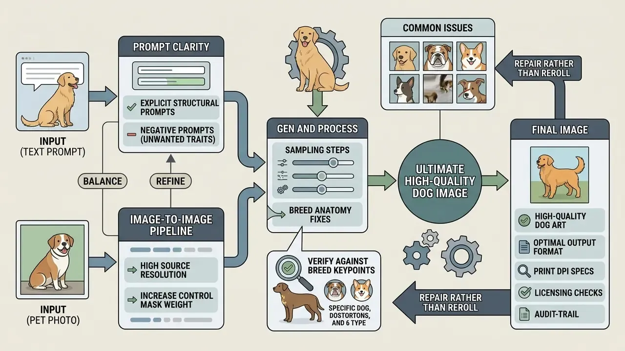 Diagram mapping the technical workflow for balancing prompts and image pipelines to create AI dog pictures