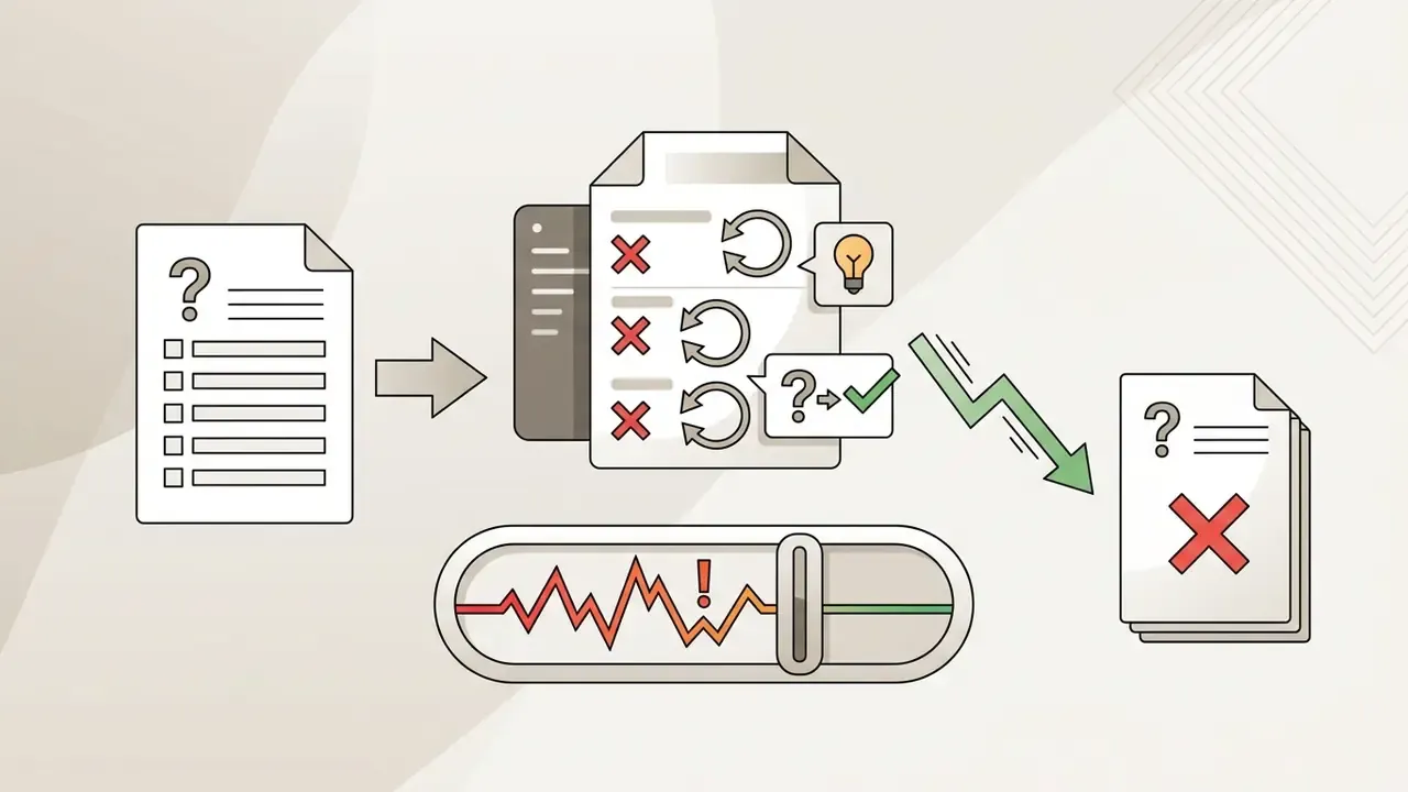 Document with questions feeding into a process showing repeated attempts and hints leading to a shaky status