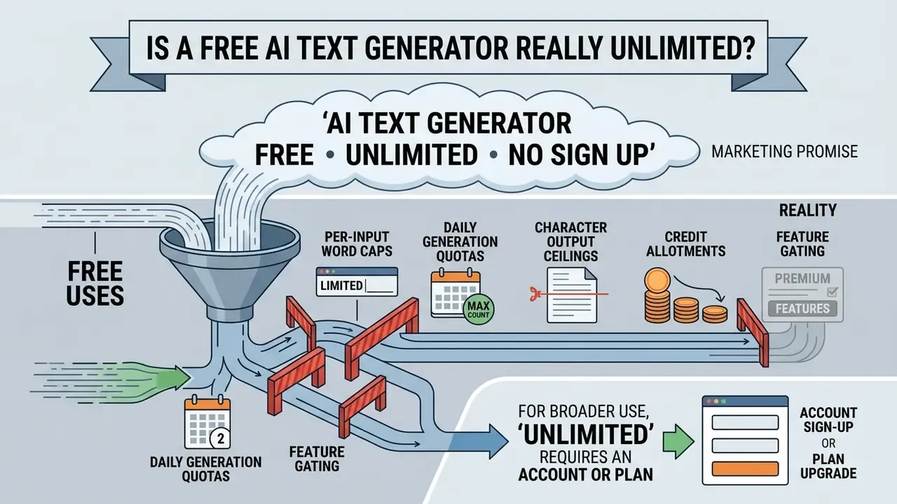 Infographic showing how marketing promises of free AI text generators are constrained by usage limits