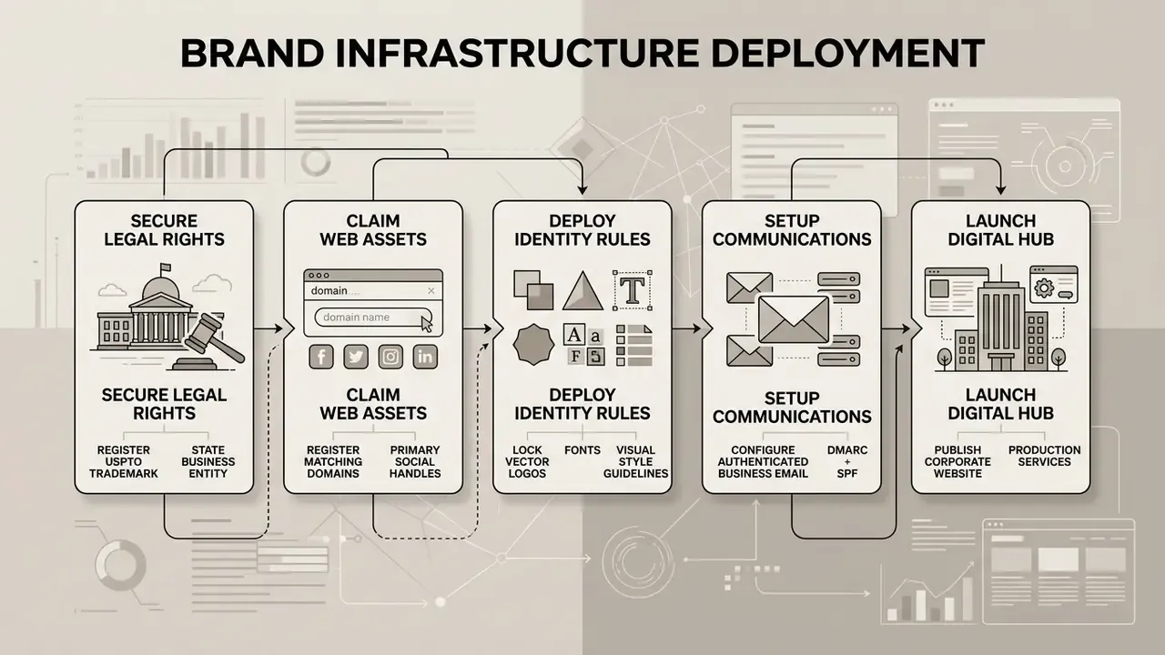 Five sequential steps for establishing brand infrastructure from legal registration to website launch