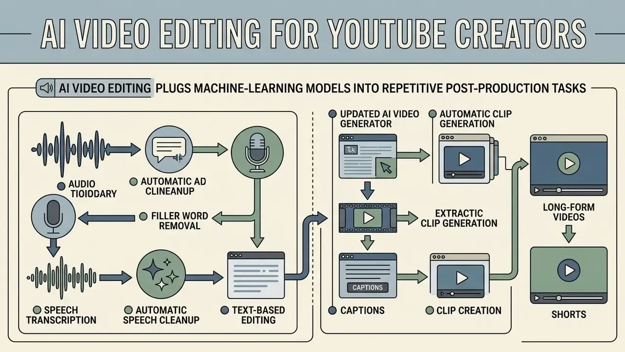 Diagram illustrating how AI automates speech cleanup, text-based editing, and clip generation for creators