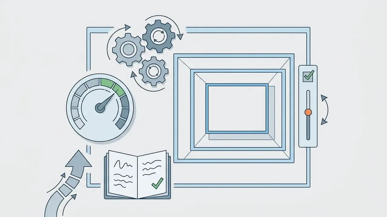 Nested frames surrounded by a speedometer, rotating gears, a check-marked script, and a slider control