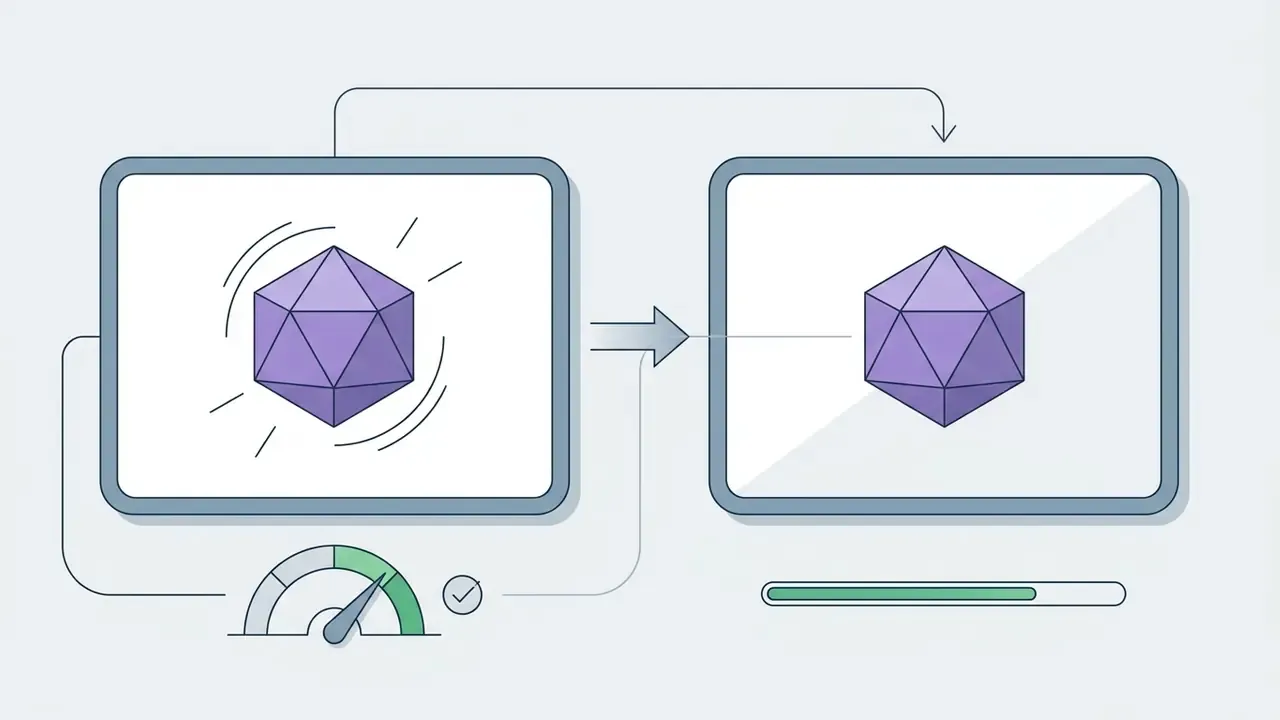 Geometric shape transitioning between two frames with a speedometer and progress bar indicating stability