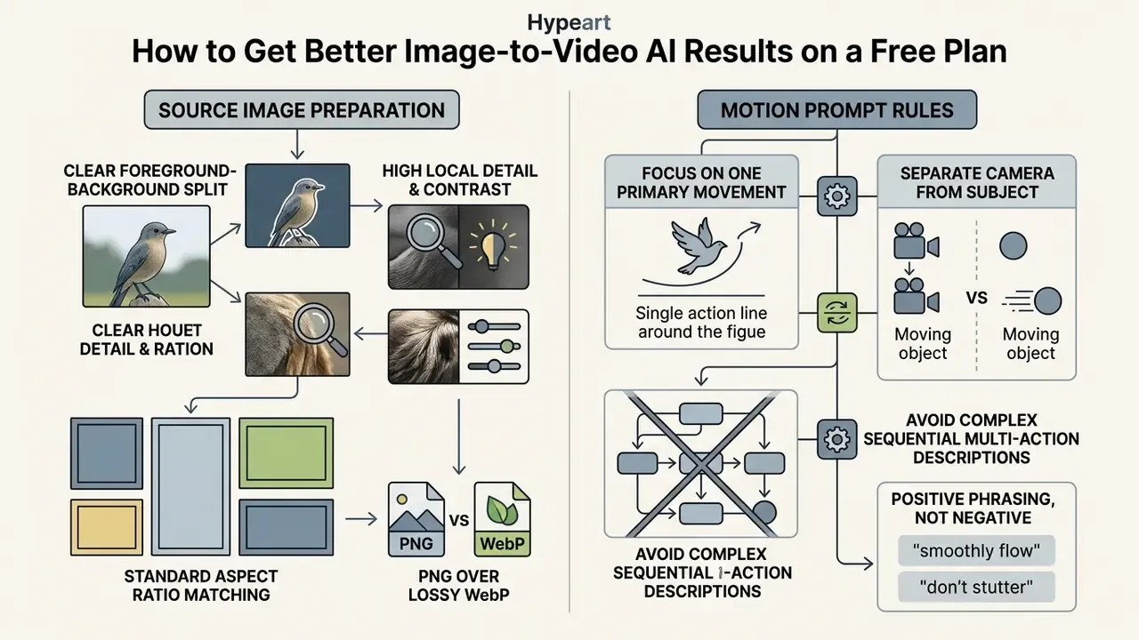 Diagram showing best image to video AI practices for source image preparation and motion prompt rules