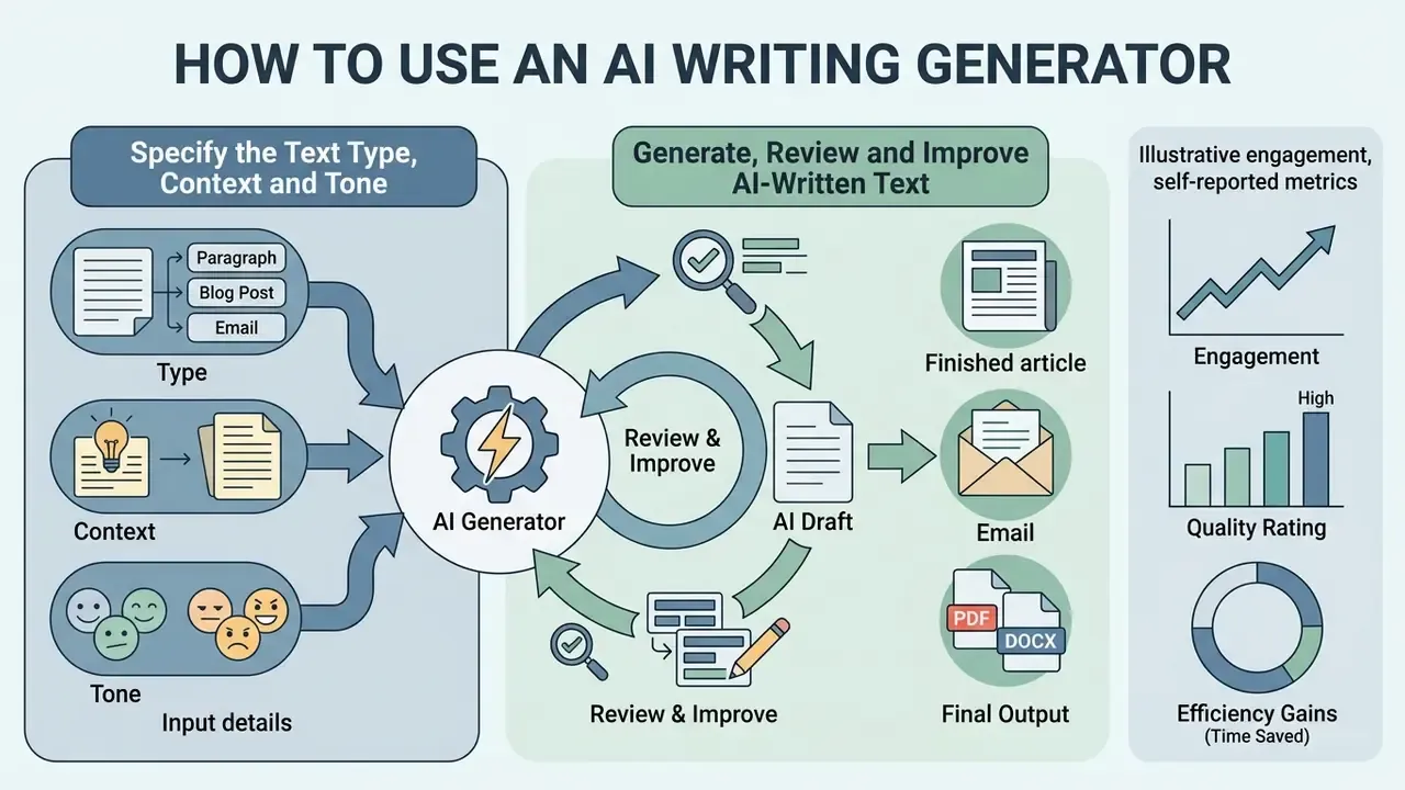 Infographic showing the workflow of specifying text details to generate and refine AI-written content