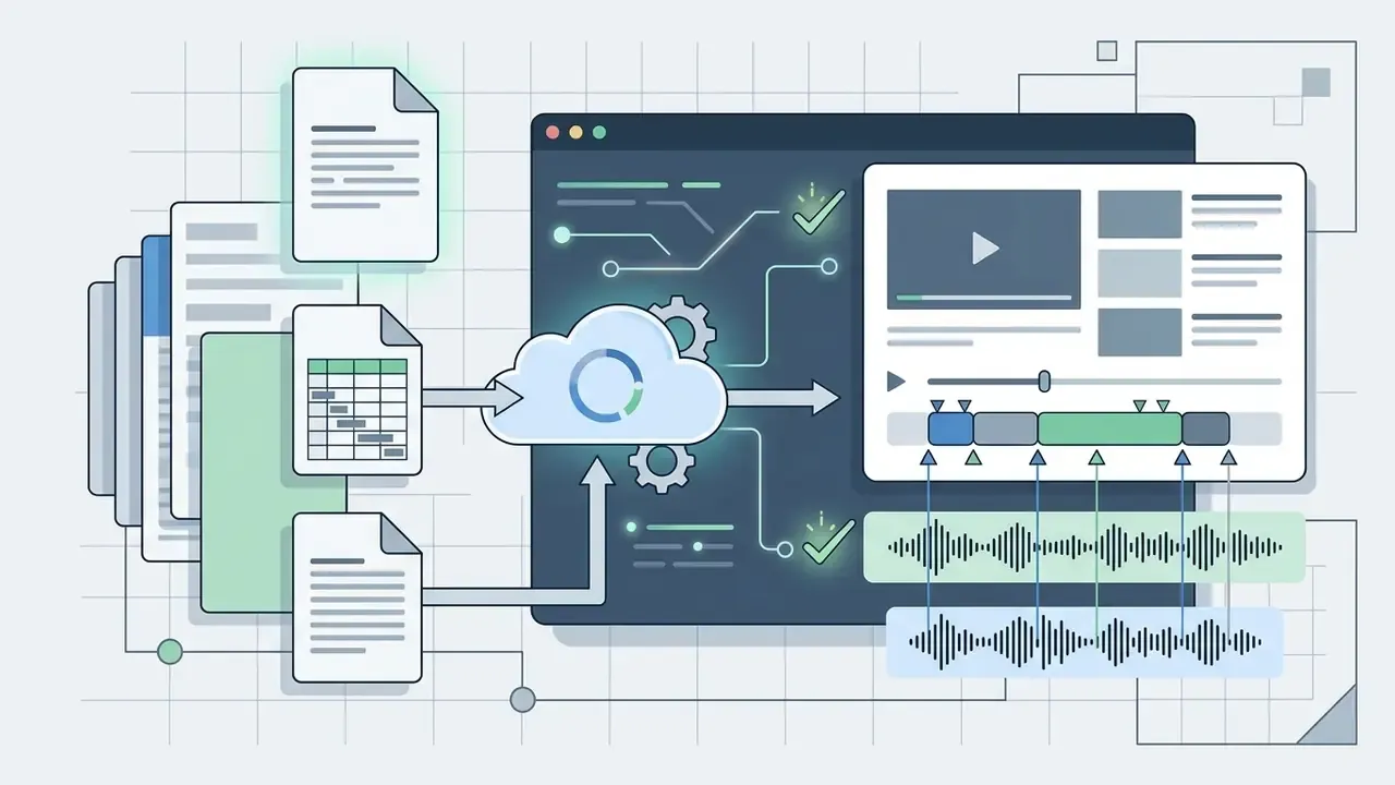 Documents and scripts uploading to a cloud processor to generate synchronized audio and video timelines