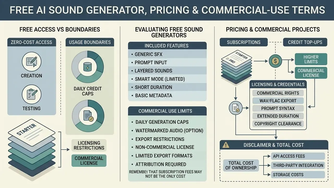 Summary of access tiers, usage limits, and commercial licensing requirements for audio generation tools