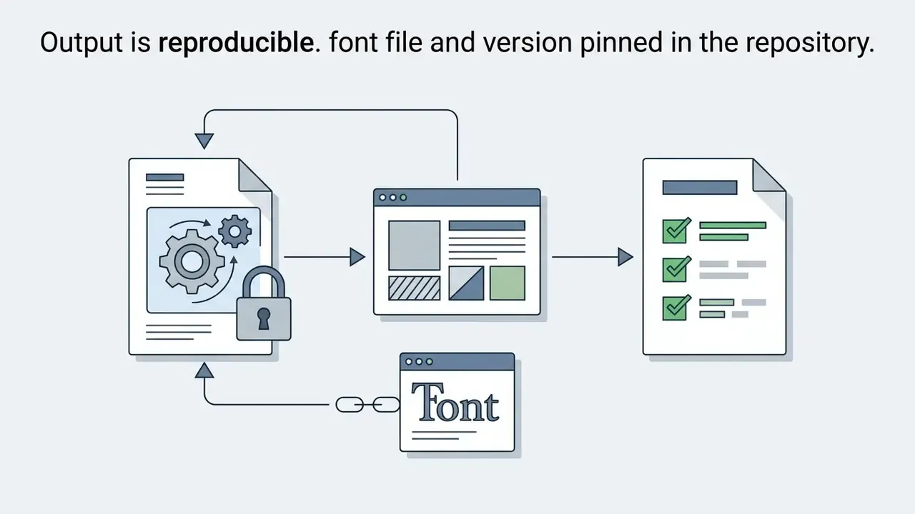 Document with gears and a lock linked to a font file and browser window producing a verified report
