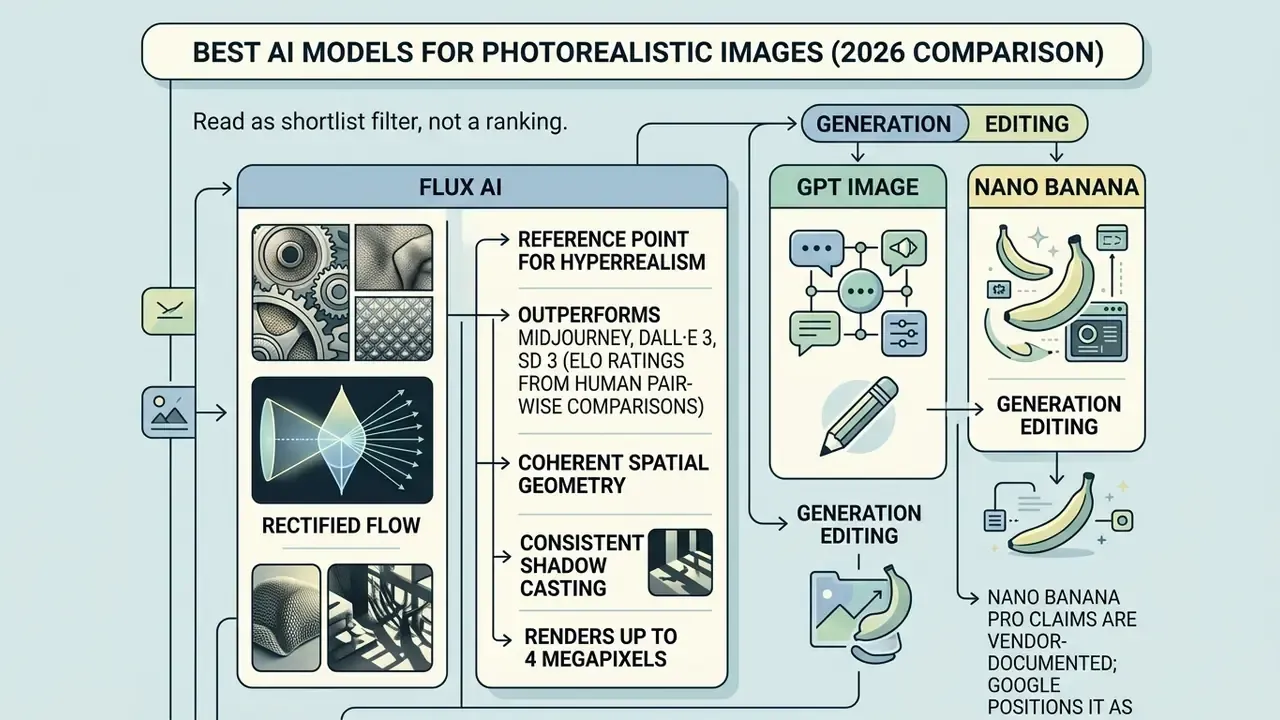 Infographic comparing Flux AI, GPT Image, and Nano Banana models for a photorealistic AI image generator