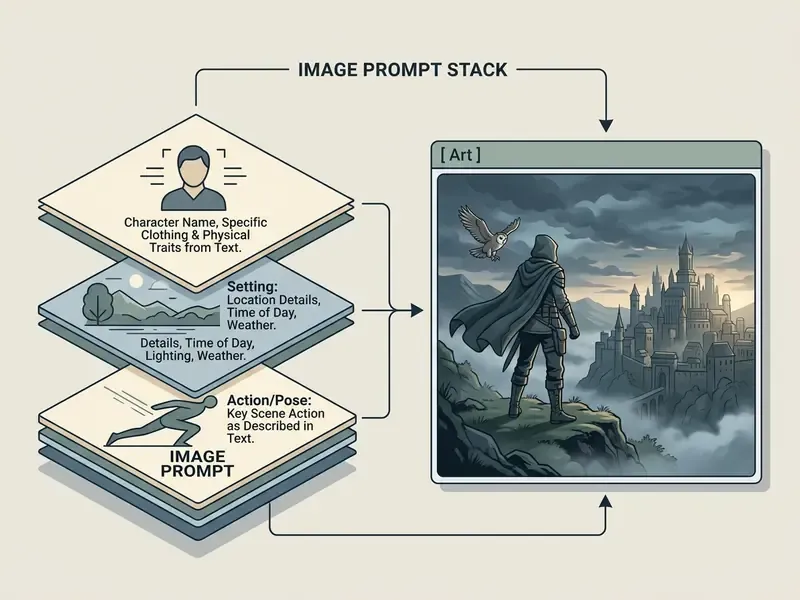 Layered stack of prompt categories like character and setting feeding into an AI story image generator