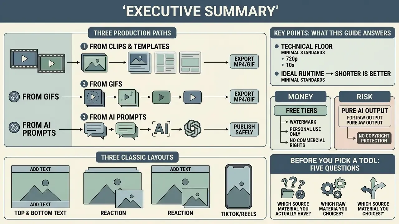 Infographic outlining three video meme maker production paths, key technical standards, and layout types