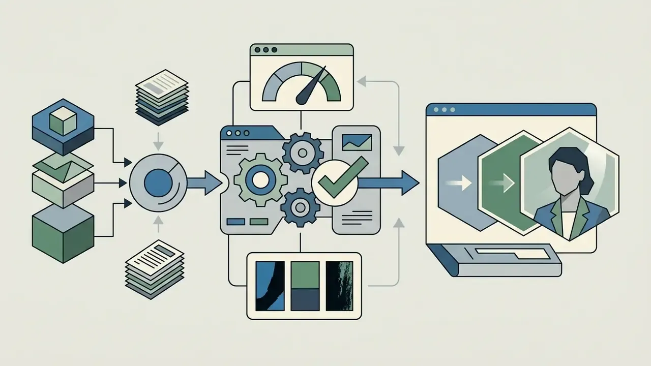 Data layers and documents feeding into a gear-driven processing system to generate a portrait
