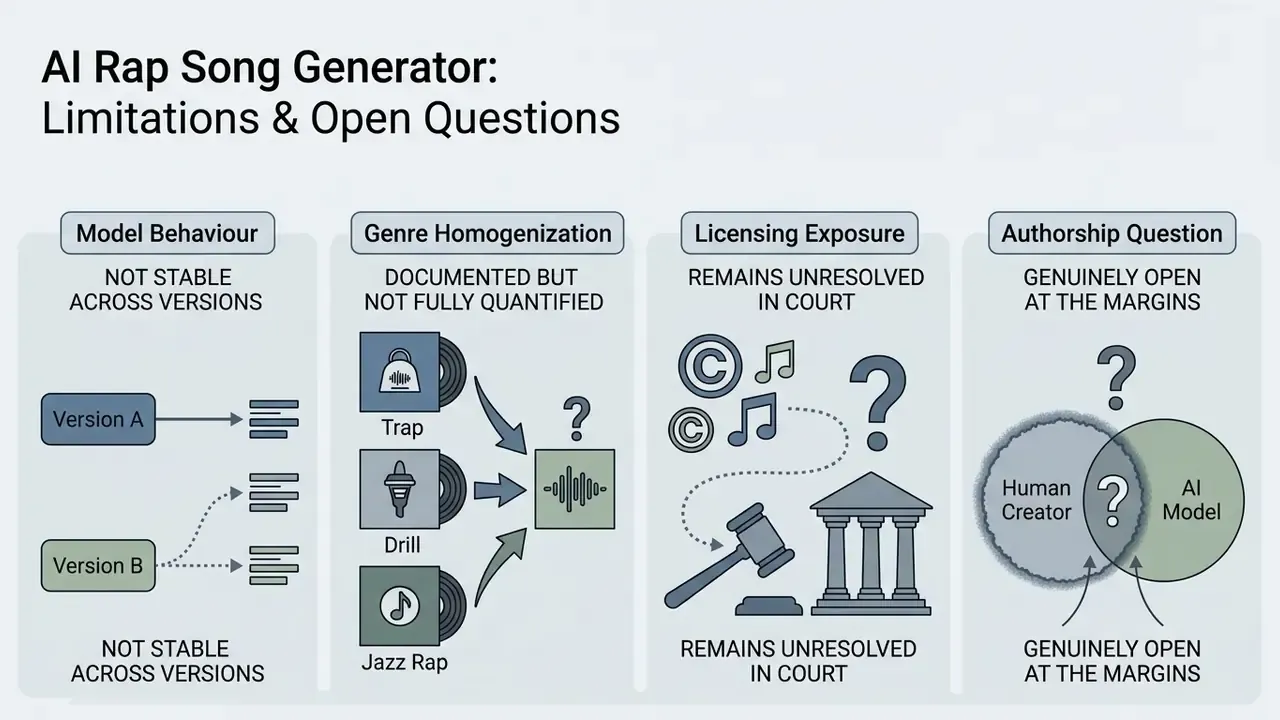 Four boxes detailing challenges regarding model stability, genre homogenization, licensing, and authorship