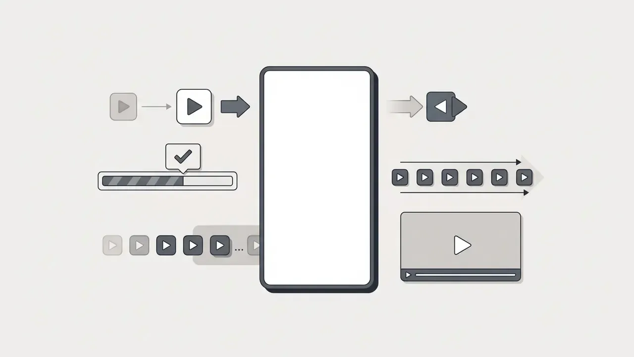 Smartphone screen surrounded by media processing icons including a progress bar and video frame sequences