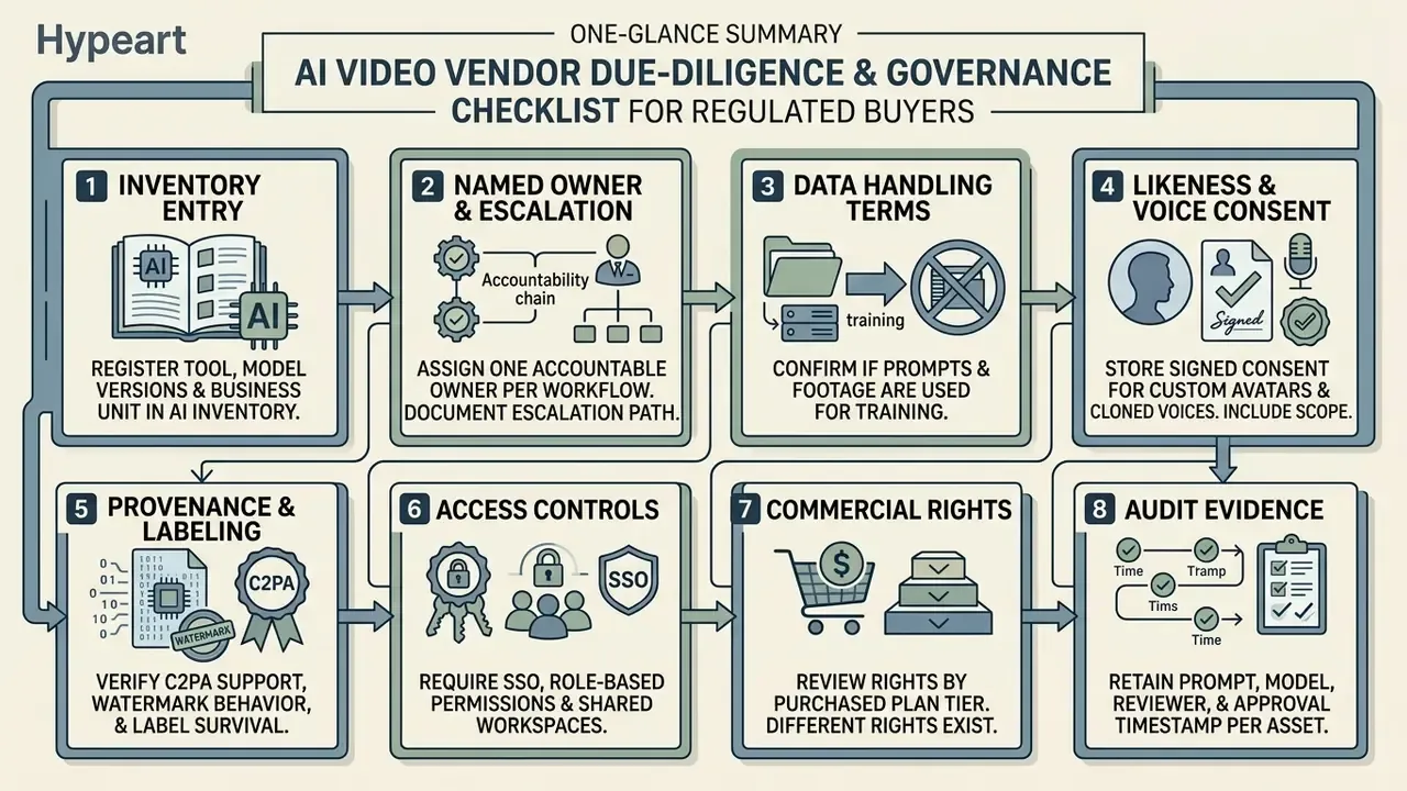 Eight step process diagram detailing governance requirements for AI video tool procurement and usage