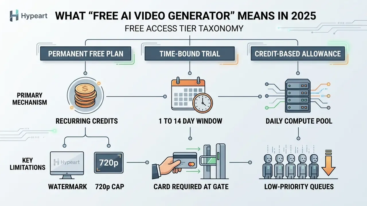 Flowchart comparing free AI video generator access types including recurring credits, trials, and allowances