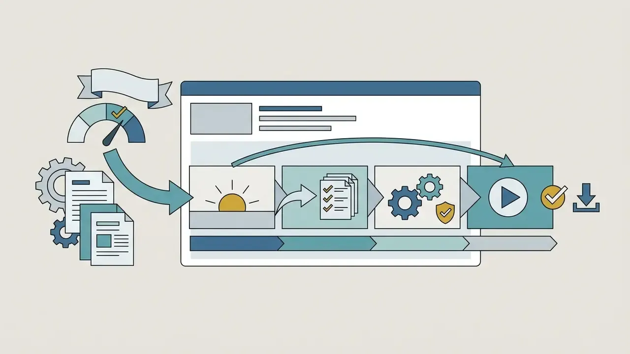 Documents and gears feeding into a progress bar that generates a video file with a download icon