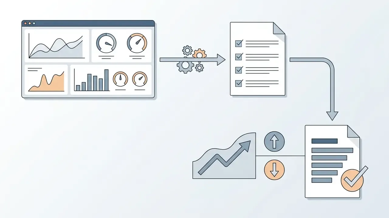 Dashboard data flowing through gears to a checklist and then into a summary report with trend indicators