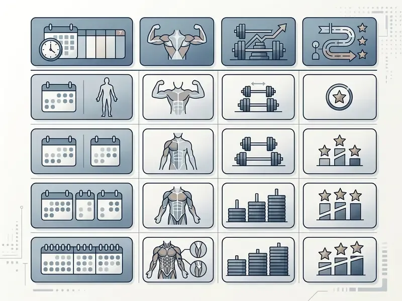 Comparison table displaying workout frequency, target muscle groups, training volume, and experience level