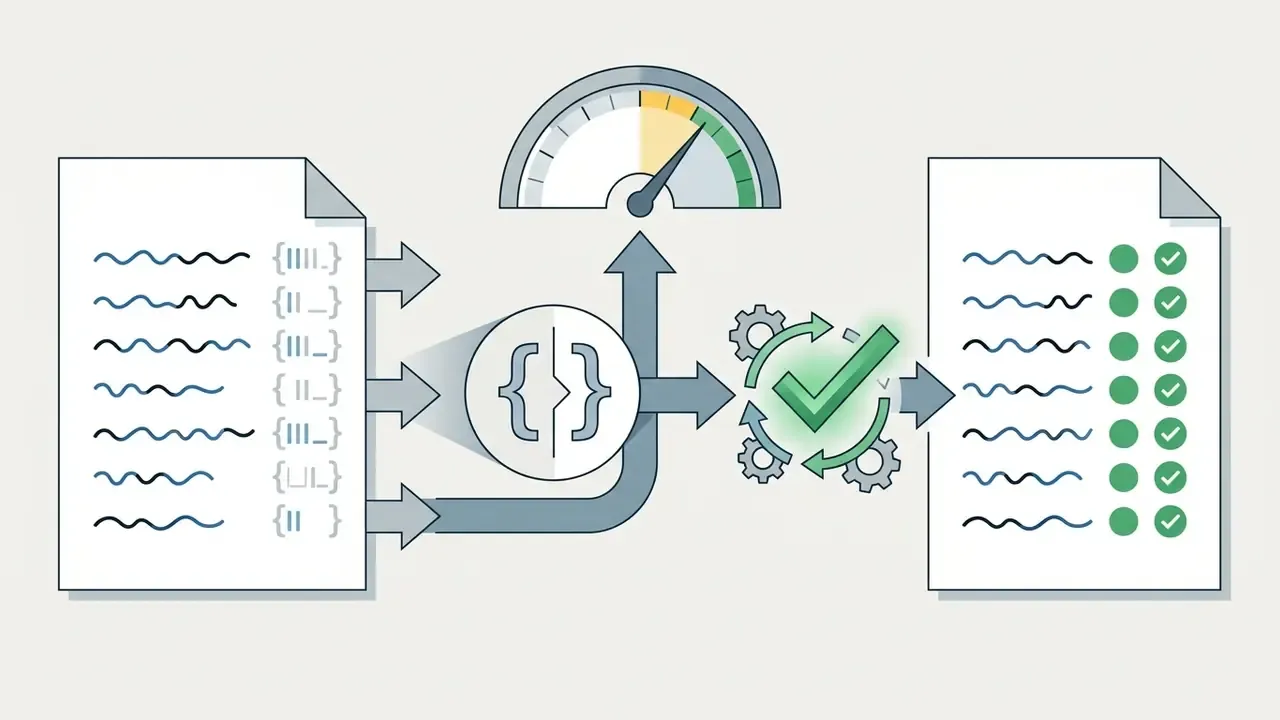 Document lines being measured and verified through a process of automated gears and checkmarks