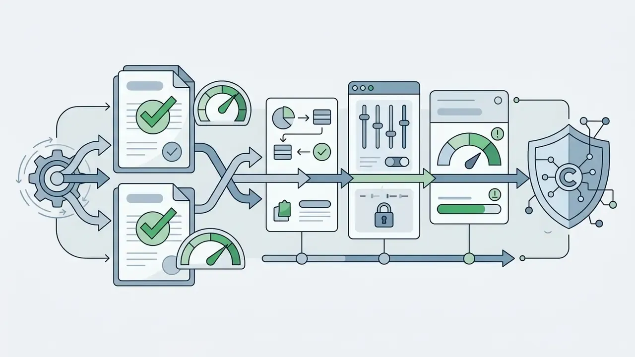 Documents with checkmarks and gauges flowing through a system into a protected shield icon