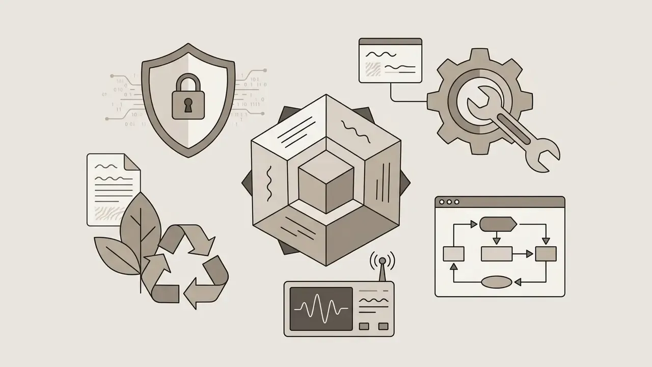 Hexagonal core surrounded by icons representing security, maintenance, nature, and data flow processes