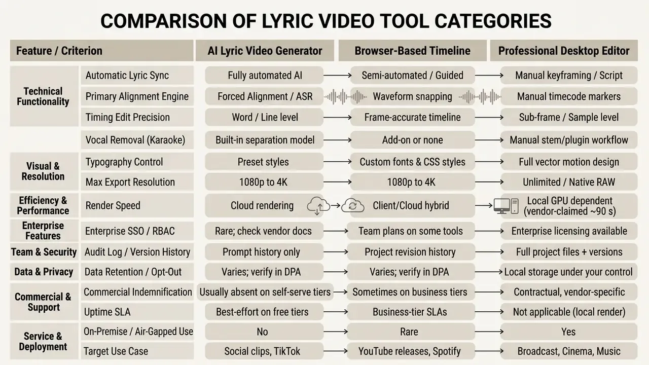 Comparison table contrasting technical and commercial features across three video production categories
