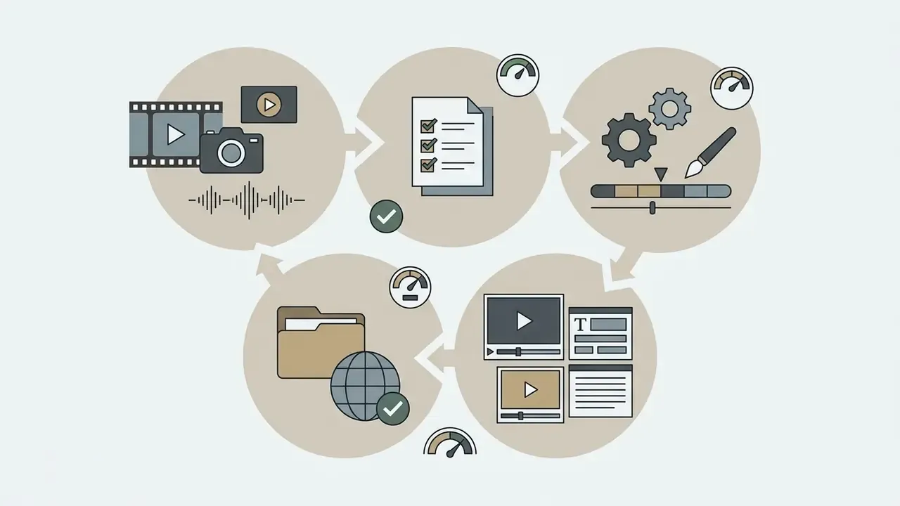 Circular process showing media capture, document review, file editing, content output, and web storage