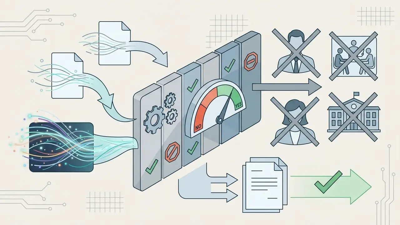 Process flow showing AI content filtered through a compliance gauge to restrict prohibited imagery
